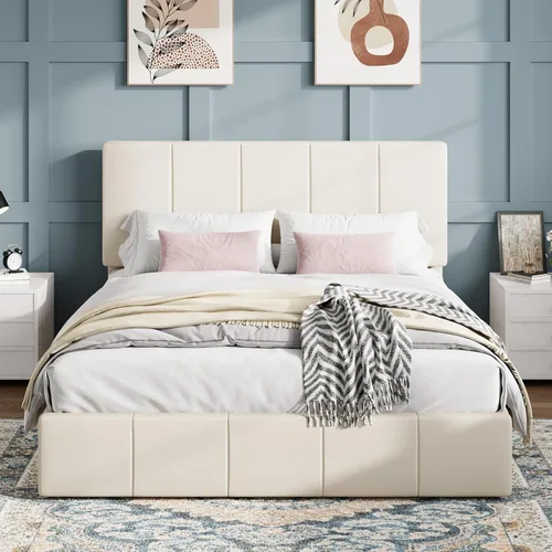 Miniatura 12 de SHA CERLIN Marco de cama tamaño queen, cama de plataforma tapizada en terciopelo holandés, cabecera ajustable con canales verticales acolchados
