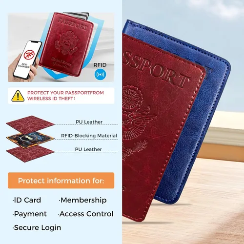 Miniatura 5 de Soporte para pasaporte para artículos esenciales de viaje, con bloqueo RFID, funda para tarjetas, funda de piel sintética para pasaporte