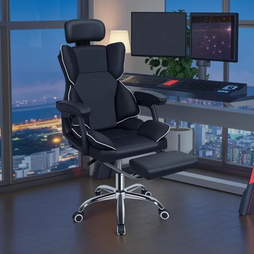 Miniatura 2 de Silla de oficina de escritorio, silla de computadora de piel sintética grande y alta, ejecutiva con reposapiés, reposacabezas y soporte lumbar