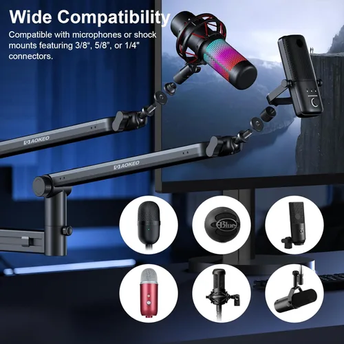 Miniatura 5 de Brazo de Micrófono, Aokeo AK-58 - Soporte de Brazo de Micrófono de Escritorio de Bajo Perfil Ajustable, Adecuado para Blue Yeti, Snowball iCE