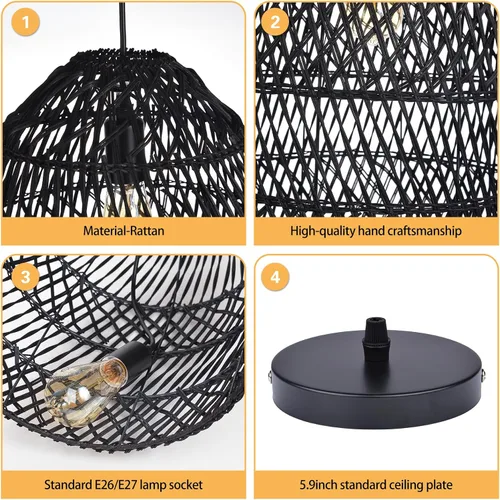 Miniatura 6 de Arturesthome 1 lámpara colgante de mimbre rústico con cesta de ratán bohemio, lámpara costera hecha a mano, pantalla de techo, para comedor, cocina