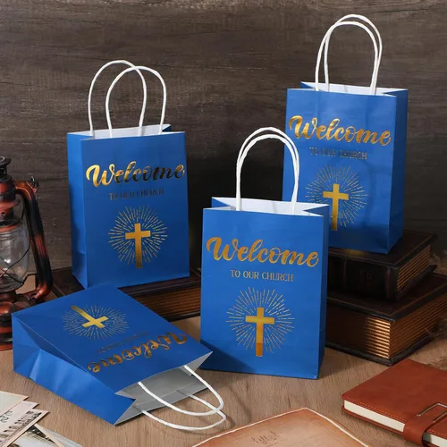 Miniatura 3 de Chuangdi 50 bolsas de regalo de bienvenida a la iglesia, bolsas de papel cristiano con asas para invitados, día de la madre, baby shower, Azul