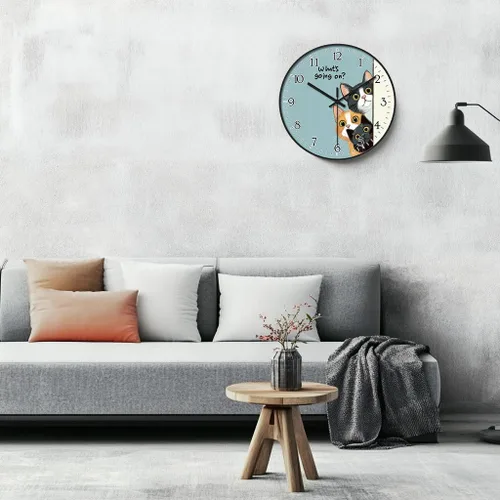 Miniatura 5 de Reloj de pared de plástico de 8 pulgadas con pilas, reloj de pared redondo decorativo, reloj de pared silencioso, patrón de gato 2269-Three Cat