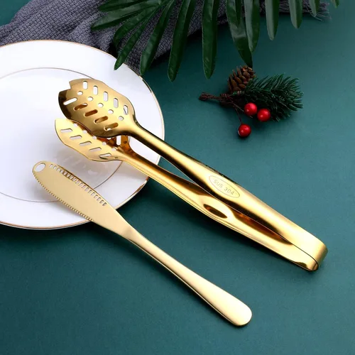 Miniatura 4 de Utensilios de Servicio Dorados, OGORI Juego de 8 Piezas de Cubiertos de Acero Inoxidable Pulido Incluye Cuchara de Servir, Cuchara Ranurada, Oro 8
