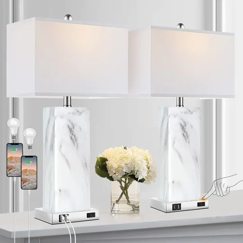 Juego de 2 lámparas de mesa con control táctil, modernas lámparas de noche de cerámica con 2 puertos USB y 1 enchufe de CA, lámparas de mesita de 3