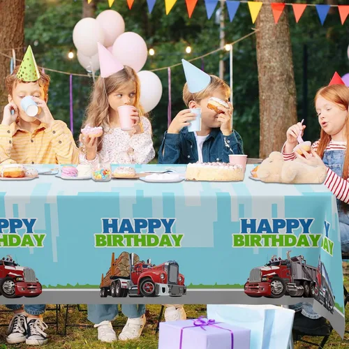 Miniatura 5 de Mantel de feliz cumpleaños para camión, suministros de plástico para niños, niñas, color verde, suministros de fiesta de cumpleaños, fiesta, picnic