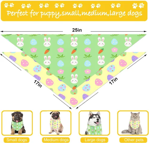 Miniatura 7 de Bandana de Pascua para perro, paquete de 2 unidades, ajustable, para fiestas, cumpleaños, mascotas, conejo, huevo de Pascua, bandana triangular