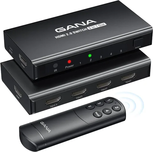 Conmutador HDMI 5 en 1 salida 4K@60Hz, GANA conmutador divisor HDMI con control remoto, caja hub conmutador HDMI 2.0 de aluminio para 3D, HDCP2.2,