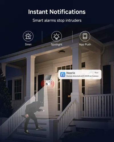Miniatura 9 de Noorio Cámara de seguridad solar inalámbrica para exteriores, cámara WiFi con batería de 2K/4MP para seguridad en el hogar con panel solar de 5 W