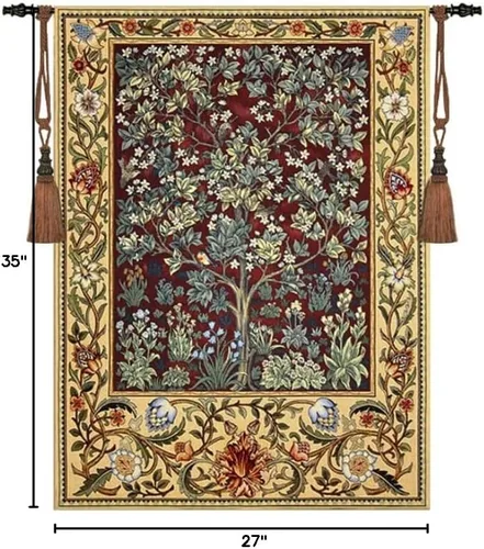 Aubelin Tapiz pequeño Rubí, William Morris, árbol de la vida, tapiz de arte fino para colgar en la pared, tamaño 35 x 27 pulgadas