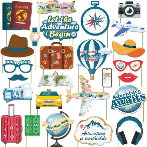Biswiter Adventure Awaits - Accesorios para cabina de fotos de fiesta, 26 piezas de decoración Let The Adventure Begin, accesorios de fotos,