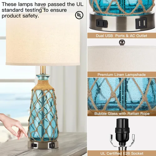 Miniatura 7 de Ruzectt Lámparas de mesa de cristal costero, lámparas de noche regulables de 3 vías con control táctil con 2 puertos USB y salida de CA, lámparas