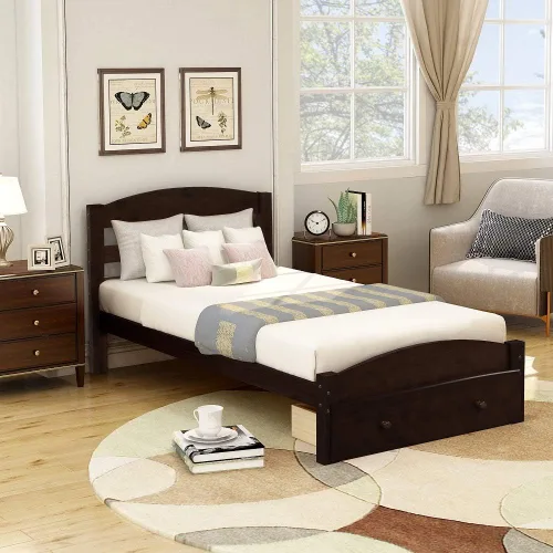 Miniatura 7 de Merax. WF186776 - Marco de madera para cama individual con almacenamiento, cabecero, soporte de listones de madera (espresso)