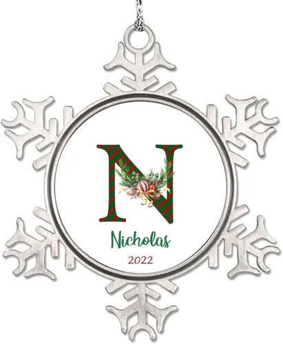 Miniatura 20 de Monograma inicial letra A copo de nieve, adorno de bayas de pino de Navidad para decoración de árbol de Navidad, adornos de Navidad personalizados