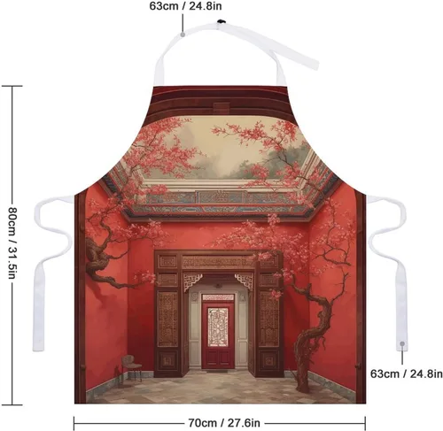 Miniatura 2 de MUSM Apron for Adults - 27.6 X 31.5 Inch, Heavy-Duty Polyester Aprons with Two Large Pockets, Waterproof Red Oriental Painting Kitchen Apron for