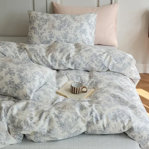 Miniatura 79 de Juego de funda de edredón blanca con estampado floral azul, juego de ropa de cama de algodón suave estilo bohemio, juego de ropa de cama estética