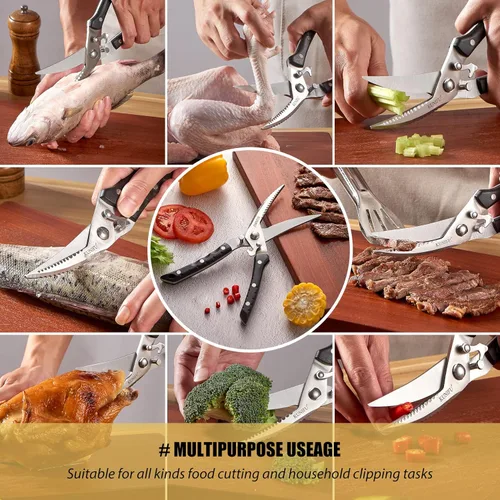 Miniatura 6 de KUNIFU Tijeras de aves de corral, Tijeras de cocina resistentes multiusos para alimentos, carne de pavo, pollo, hierbas, utensilios de cocina, Gris