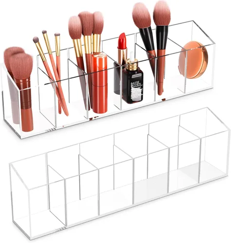 Organizador de maquillaje acrílico de 6 compartimentos, 2 piezas, soporte de plástico transparente para brochas de maquillaje, solución perfecta de