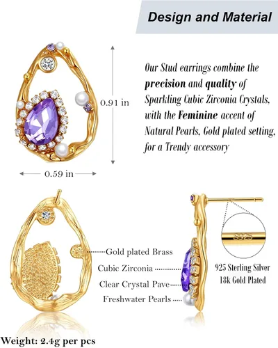 Miniatura 6 de Pendientes morados para mujer, aretes morados y dorados para mujer con circonita de amatista en forma de lágrima, perlas y pavés de cristal, aretes