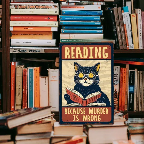 Miniatura 6 de 1 letrero de metal vintage de 8 x 12 pulgadas con diseño de gato retro con texto en inglés "Reading Because Murder is Wrong", póster