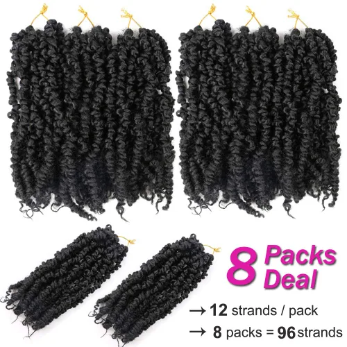 Miniatura 4 de 8 paquetes de extensiones de cabello sintético pretrenzado y prerrizado de ganchillo de 10 pulgadas, 96 hebras (1B#)