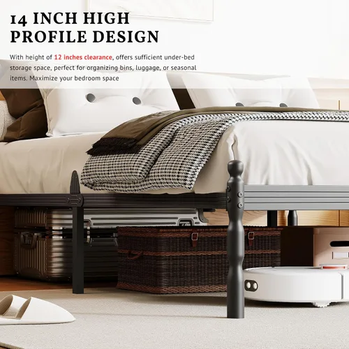Miniatura 5 de ZIYOO Marco de cama Queen de metal de 14 pulgadas con estilo vintage, tope deslizante para colchón, listones de acero resistente de 1500 libras,