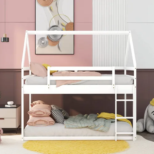 Miniatura 10 de Harper & Bright Designs Litera baja de tamaño individual sobre individual, marco de cama de madera para casa, escalera integrada, barandilla, techo