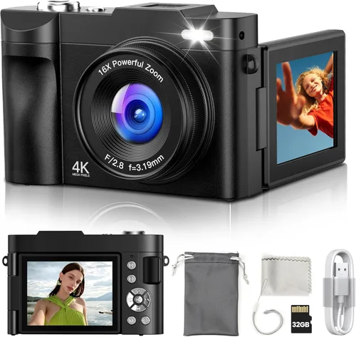Cámara digital 4K para fotografía y vlogging: cámaras de 50MP para video - cámara de foto con zoom 16X, regalos de cámara digital para adolescentes