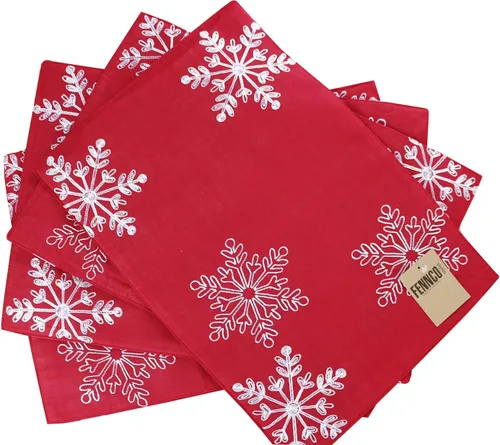 Miniatura 5 de Fennco Styles Juego de 4 manteles individuales bordados con copos de nieve de 13 pulgadas de ancho x 19 pulgadas de largo, color rojo