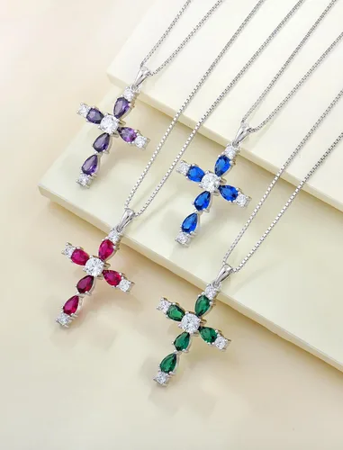 Miniatura 5 de YL Collar de cruz de plata de ley 925 con colgante de piedra natal religiosa para mujer