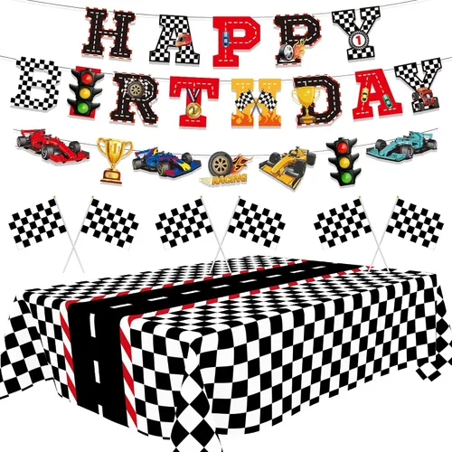 Kit de decoración de fiesta de auto de carreras, pancarta de feliz cumpleaños, manteles para cumpleaños de coche de carreras o baby shower, 54 x 108