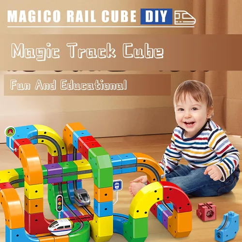 Miniatura 6 de Juego de tren eléctrico con riel de succión magnética, pista de carreras flexible mágica 3D, 123 piezas de bloques de pista de carreras