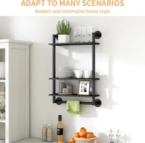 Miniatura 5 de STWWO Estantes de baño montados en la pared, estante de baño negro de 3 niveles con toallero, toallero flotante de acero inoxidable de 26 pulgadas