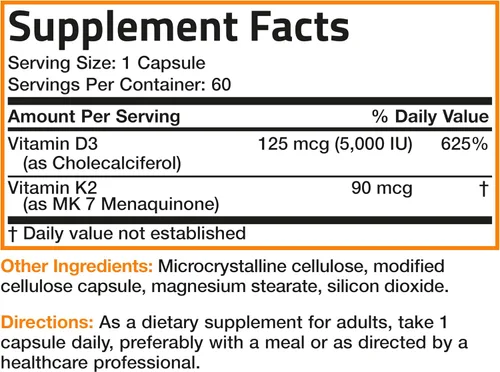 Miniatura 8 de Bronson Suplemento de Vitamina K2 D3 (MK7) Fórmula No-GMO Vitamina D3 5000IU (125 mcg) y 90 mcg K2 MK-7, Complejo D y K Fácil de Tragar, 60 Cápsulas