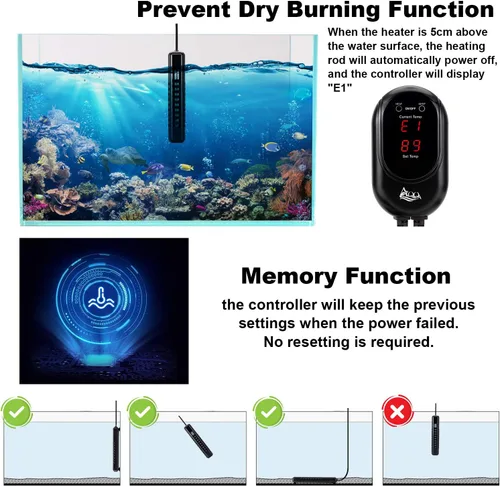 Miniatura 5 de AQQA Calentador sumergible para acuario, calentador de tanque de peces de 100 W/200 W/300 W/500 W/800 W/1000 W/1200 W, controlador de temperatura