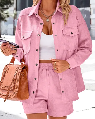Miniatura 7 de KIRUNDO Conjunto casual de dos piezas para mujer, de manga larga, chaqueta y pantalones cortos