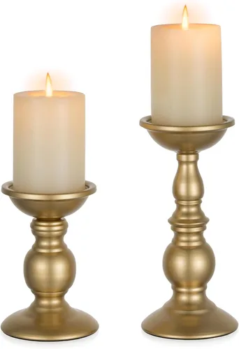 Miniatura 14 de Nuptio Portavelas negro para velas de pilar - Juego de 2 portavelas rústicos Soporte de velas de metal alto Portavelas de pilar retro de otoño