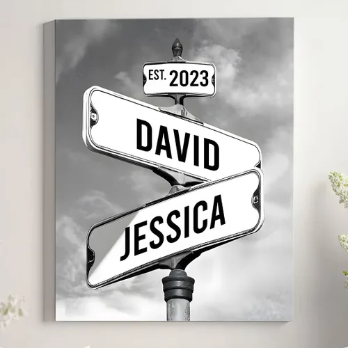 Señal de calle vintage personalizada para parejas en lienzo, nombres y fecha personalizados, regalos de Navidad para ella o él, regalo del Día de