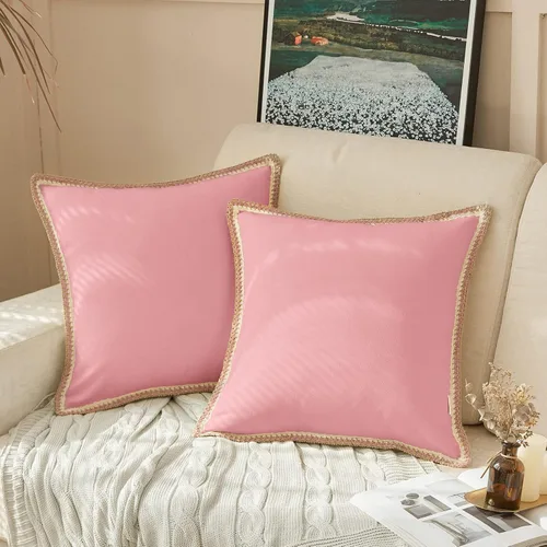 Miniatura 11 de FY FIBER HOUSE Paquete de 2 fundas de almohada decorativas de granja, lino sintético de arpillera con bordes a medida, fundas de cojín para sofá