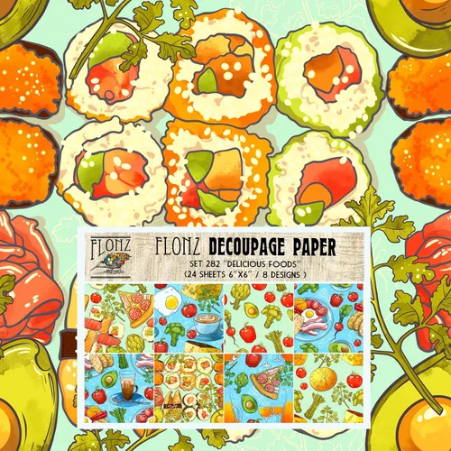 Decoupage - Paquete de papel (24 hojas de 6 x 6 pulgadas) Delicious Foods, papel de patrón de estilo vintage para decoupage, manualidades y álbumes