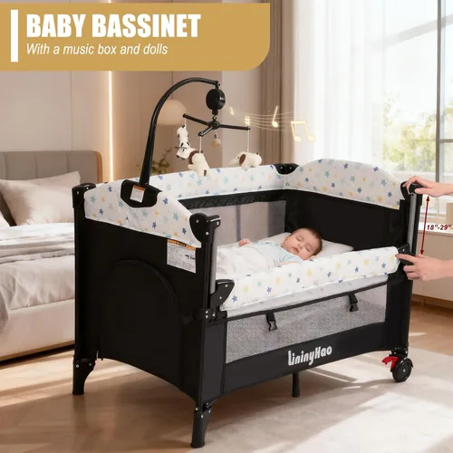 Miniatura 4 de Corral de bebé de altura ajustable 4 en 1, centro plegable para guardería con caja de música, estante de juguetes, almacenamiento lateral, Estrella