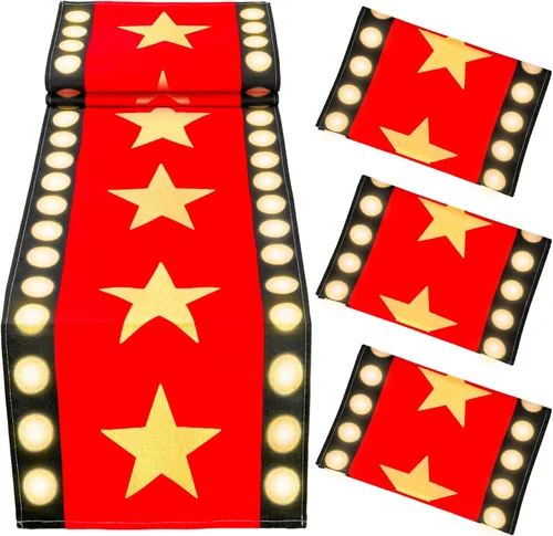 Miniatura 7 de Camino de mesa de noche de cine de 13 x 72 pulgadas con diseño de estrella dorada, decoración de alfombra negra para suministros de fiesta