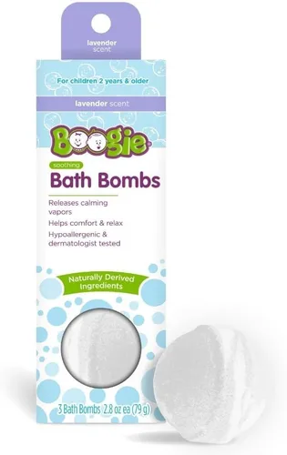 Boogie Bombas de baño para niños, derivadas de forma natural, hechas con aloe y vapores calmantes, lavanda, 3 bombas de baño, 2.8 onzas, paquete de 1