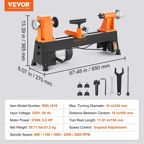 Miniatura 7 de VEVOR Torno de Madera de Sobremesa, 10 pulgadas x 18 pulgadas, 0.5 HP 370W Máquina de Torno para Madera, 5 Velocidades Variables