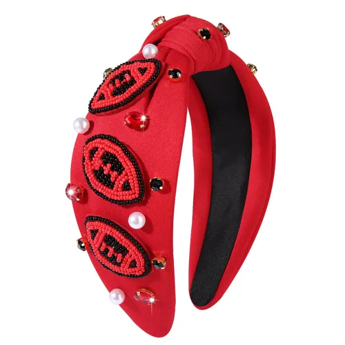 Miniatura 5 de Diademas anudadas de fútbol para mujer, diadema deportiva para el día del juego, diadema de cristal perlado con nudo superior ancho, accesorios