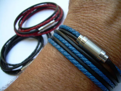 Miniatura 5 de Handmade Triple Leather Wrap Bracelet with Stainless Steel Magnetic Matte Clasp - Genuine Leather Bracelet for Men - Available sizes: 6,6.5,7,7.5,8