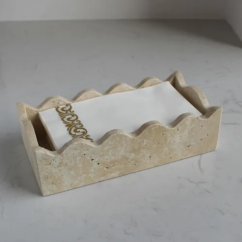 Miniatura 7 de Portatollas para invitados de travertino natural de 9.8" × 4.9" para baño, portaservilletas rectangular con borde festoneado, bandeja para toallas