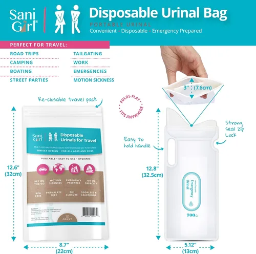 Miniatura 3 de SaniGirl Urinarios desechables Bolsas portátiles para orinar Urinario de viaje para mujeres, niños y adultos, urinario sanitario de emergencia