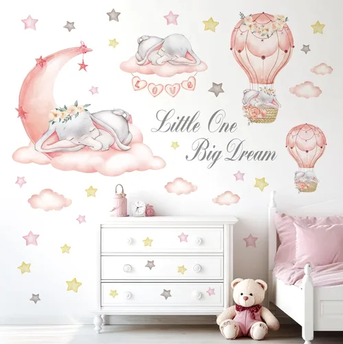 Miniatura 2 de DECOWALL Calcomanías de pared Dream Big Little One – Calcomanías de pared de luna y estrellas de elefante, despegar y pegar, extraíble, decoración