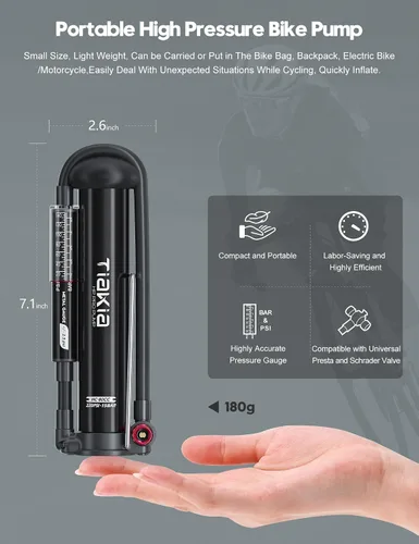 Miniatura 2 de Bomba de Bicicleta Tiakia con Medidor, Bomba de Bicicleta de Alta Presión, Bomba de Aire Manual Portátil de Alto Volumen Compatible con Válvulas